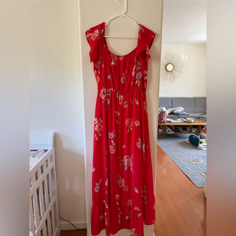 ModCloth Peach Love Off the shoulder Maxi ruffle dress